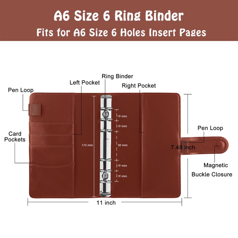 Antner A6 Binder 6 Ring Refillable Notebook Budget Planner for A6 Filler Paper, PU Leather Loose Leaf Personal Planner Wallet Money Organizer Cash Stuffing Binder with Magnetic Buckle Closure, Brown - Image 2